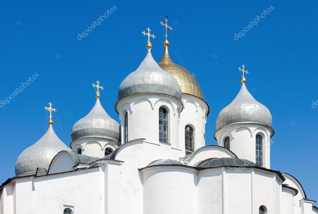 Domes of Saint Sophia cathedral in Kremlin, Great Novgorod, Russ