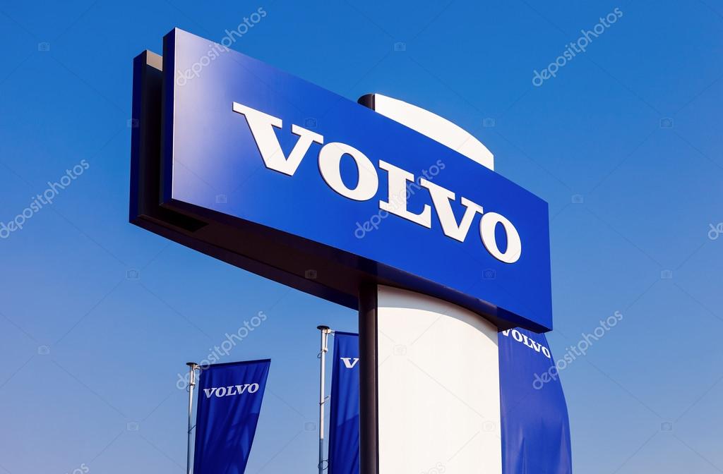 SAMARA, RUSSIA - SEPTEMBER 21, 2014: Volvo dealership sign against blue sky. Volvo is a Swedish multinational automaker company headquartered in Gothenburg, Sweden