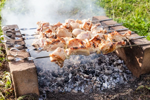 La viande est rôtie sur des brochettes à l'extérieur — Photo