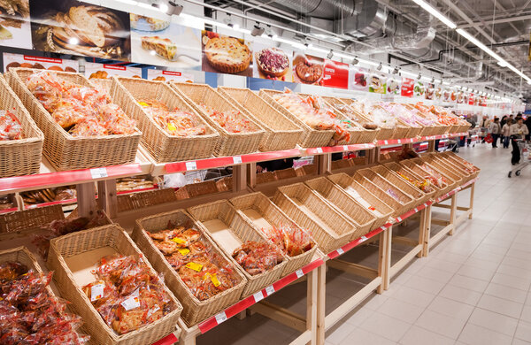 Bakery products ready to sale in the new hypermarket Magnet.