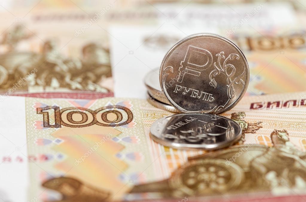 Russian currency, rouble: banknotes and coins close up