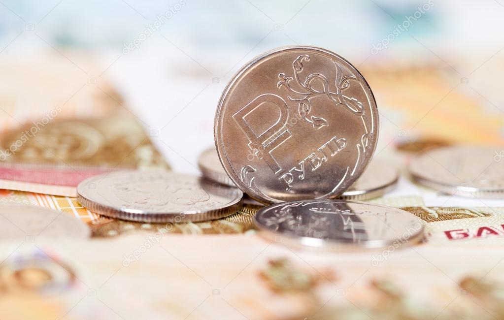 Russian rubles coins and banknotes close up