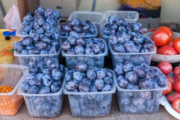 Prugne fresche in vendita sul mercato agricolo — Foto Stock