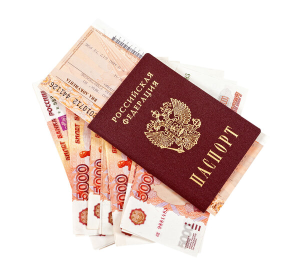 Russian rouble bills, train tickets and passport isolated on whi