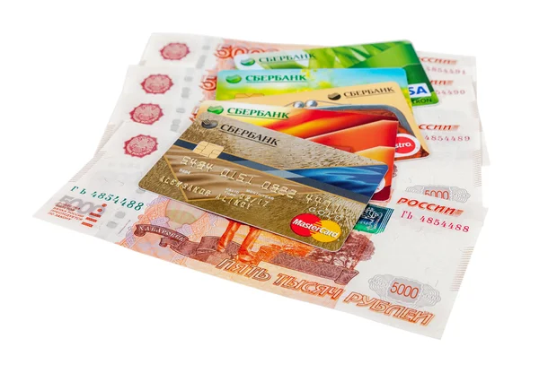 Photo of VISA and Mastercard credit card with russian rubles — Stock Photo, Image