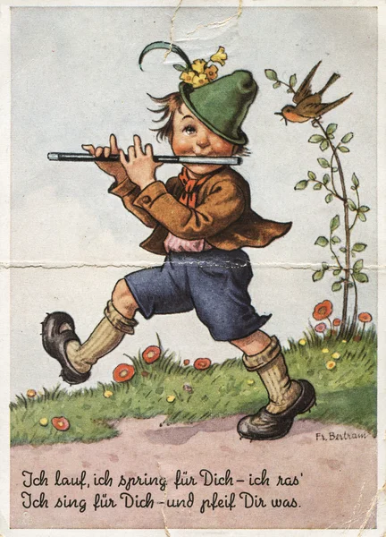 Una postal retro impresa en Alemania muestra a un niño tocando la flauta. T —  Fotos de Stock