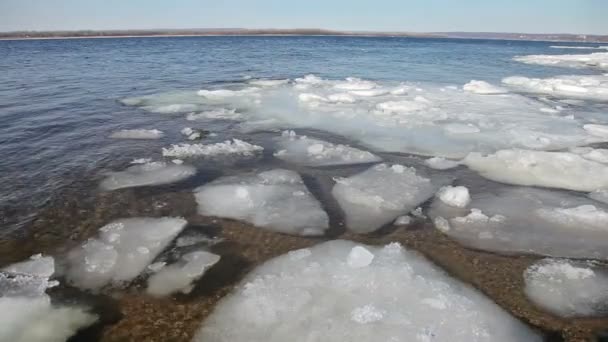 Floating of ice on the river in sunny day — Stock Video