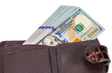 M-cüzdan dışarı taşıyorsa, üzerinde beyaz izole bir dolarlık banknot ile aç