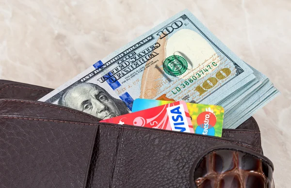 アメリカのドルとクレジット カードで財布 — ストック写真