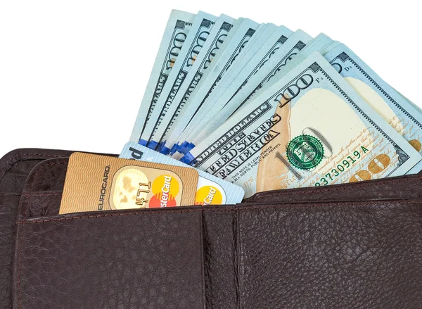 Wallet open with a dollar bill sticking out and credit card, iso — Stock Photo, Image