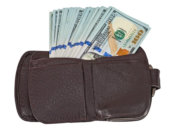 Wallet open with a dollar bill sticking out, isolated on white — Stock Photo, Image