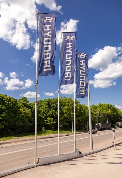 Les drapeaux avec la concession Hyundai signent sur le ciel bleu — Photo
