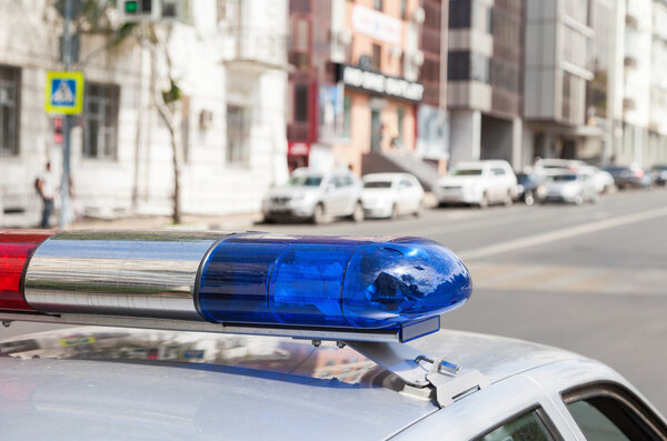 Close-up of the colorful lights on top of a russian police vehic