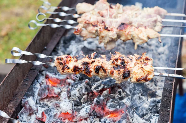 Tranches juteuses de viande avec sauce préparent sur les charbons — Photo