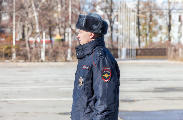 Unidentified Russian police officer in winter uniform