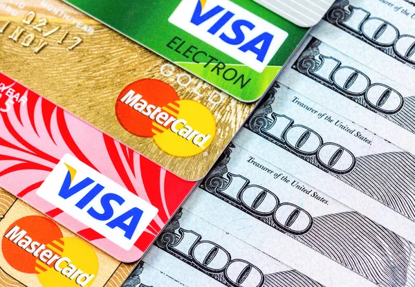 Visa and MasterCard, credit, debit and electronic with US dollar — Stock Photo, Image