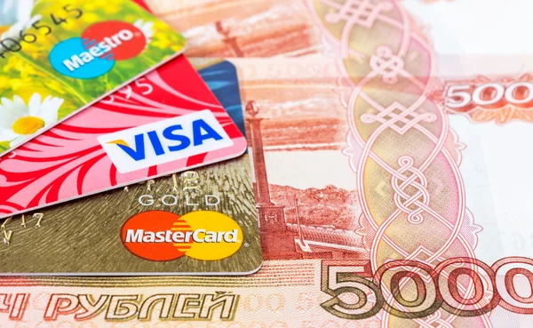 VISA and Mastercard Debit Card with russian rubles — Stock Photo, Image