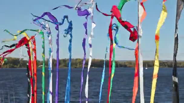 Banderas de colores ondeando en el fondo de un gran río — Vídeos de Stock