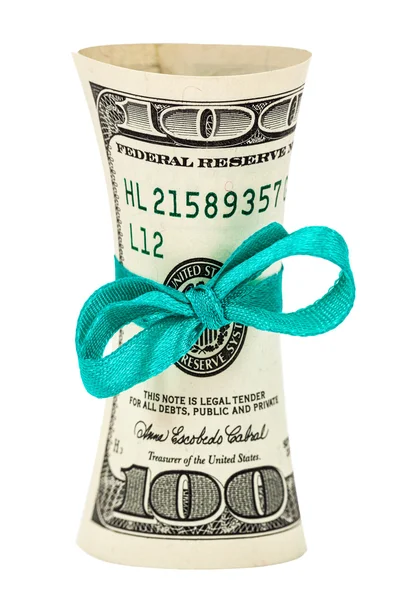 Roll of dollars wrapped by ribbon over white background — Stock Photo, Image