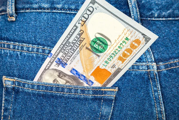 Banknote of one hundred american dollars in the back jeans pocke — Stock Photo, Image