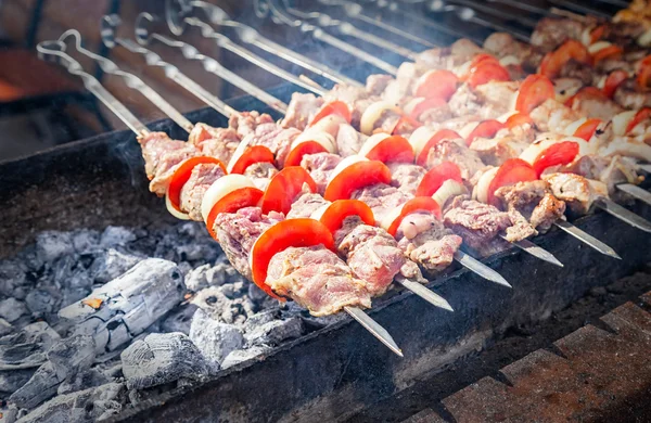 Appetizing hot shish kebab on metal skewers — Stock Photo, Image