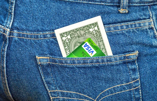One american dollar and Credit card Visa sticking out of the bac — Stock Photo, Image