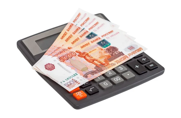 Bedrijfsconcept. Russische roebel bankbiljetten met calculator op een w — Stockfoto