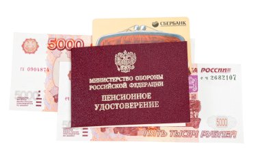 Rus emeklilik belgesi, kredi kartı ve para yüzünden beyaz ba