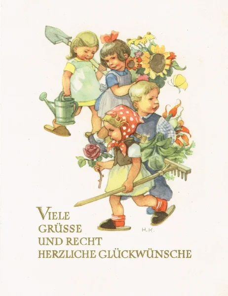 Antique German postcard. Children with garden tools. 1911. — Stock Photo, Image