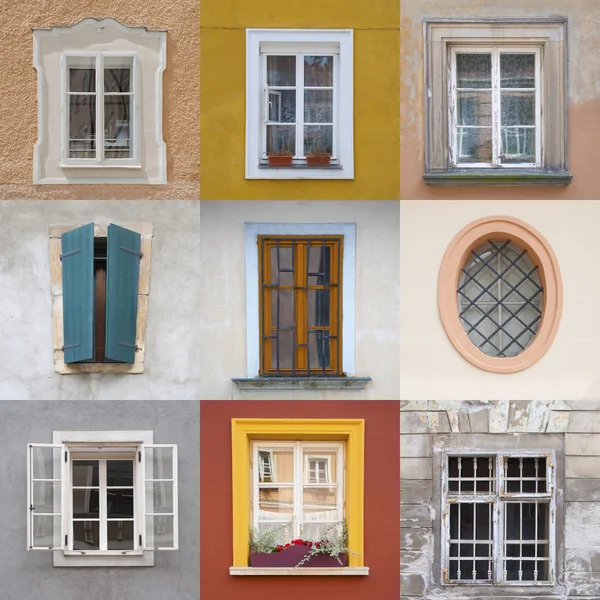 Conjunto de cajas de diferentes colores en fachadas de colores — Foto de Stock