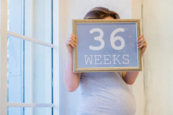 36 weeks of pregnancy sign in woman hands — Stock Photo, Image