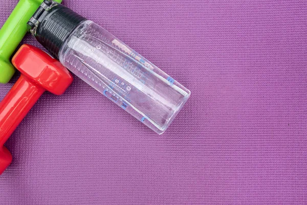Señoras dumbbles y botella de agua sobre estera de fitness púrpura, vista superior. — Foto de Stock