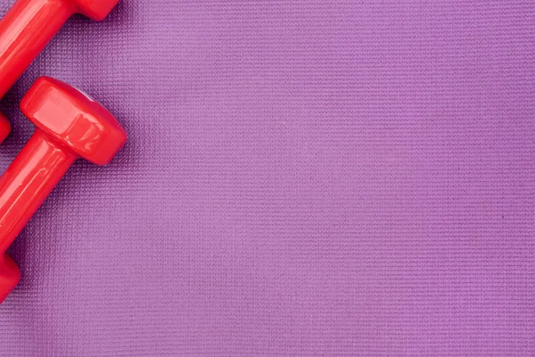 女性は紫のフィットネスマットの上にダンブル,トップビュー. — ストック写真