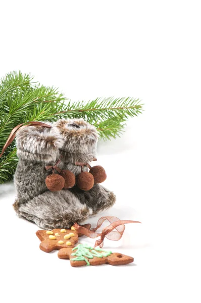 Bont laarzen, kerstboom en gember koekjes — Stockfoto