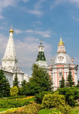 Church of the Smolensk Icon of the Mother of God, a temple in honor of St. Zosima and Savvatiy of Solovki and Caliche tower. Holy Trinity St. Sergius Lavra. Sergiev Posad, Moscow region
