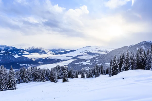 Berg med snö på vintern. Ski Resort Laax. Schweiz — Stockfoto