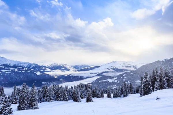 Montañas con nieve en invierno. Estación de esquí Laax. Suiza —  Fotos de Stock