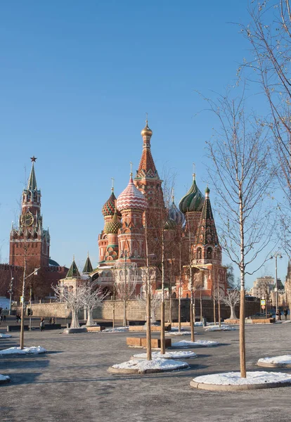 Вид Москву Кремль Собор Василя Парку Зар Яді Зимовий День — стокове фото