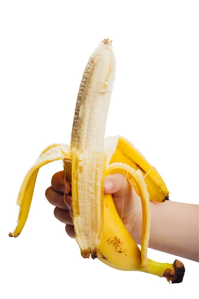 Banaan in hand geïsoleerd op witte achtergrond — Stockfoto