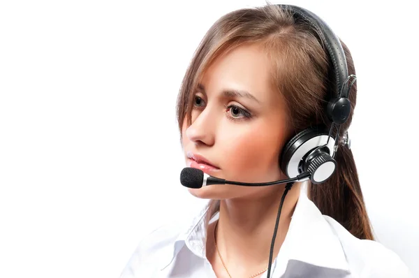 Vrouw klant service worker, call center lachende operator met — Stockfoto