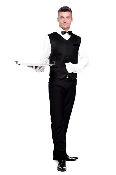 Barkeeper mit Tablett auf weißem Hintergrund — Stockfoto