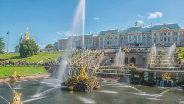 Saint-Petersburg, Oroszország-2016. június 14.: Peterhof, Oroszország, king's palace és a szökőkút grand kaszkád, St. Petersburg környezetében. — Stock videók