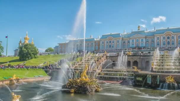 SAINT-PETERSBURG, RÚSSIA - JUNHO 14, 2016: Peterhof, Rússia, palácio do rei e grande cascata da fonte, arredores de São Petersburgo . — Vídeo de Stock