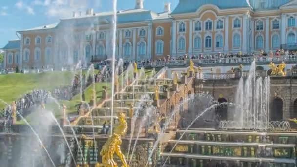 SAN PETERSBURGO, RUSIA - 14 DE JUNIO DE 2016: Peterhof, Rusia, palacio del rey y gran cascada de fuentes, alrededores de San Petersburgo . — Vídeo de stock