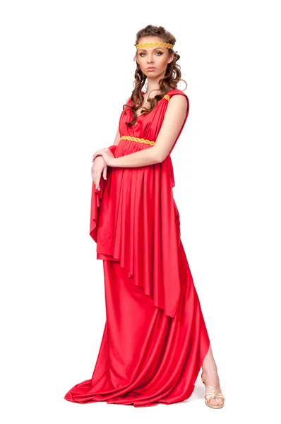 Beautiful young female wearing red dress antique style isolated — Stock Photo, Image