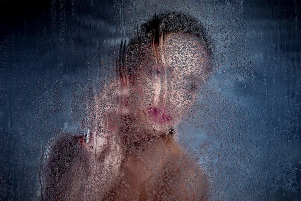 Sexy Beautiful Woman Behind Glass with Water Drops. — Stock Photo, Image