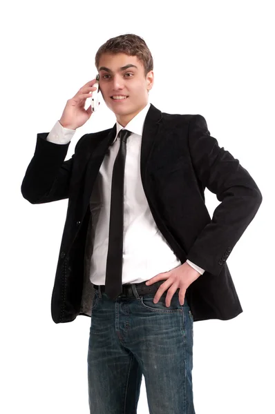 Young happy man holding mobile phone — Stock Photo, Image