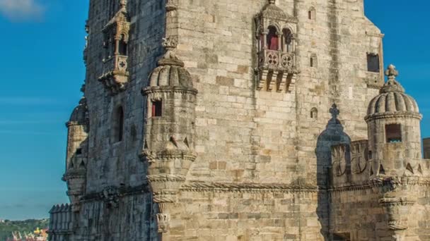 Лиссабон, Португалия. Belem Tower, Torre de Belem, is a fortified tower located at the mouth of the Tagus River. — стоковое видео