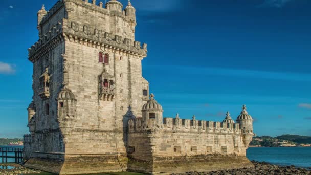 Лиссабон, Португалия. Belem Tower, Torre de Belem, is a fortified tower located at the mouth of the Tagus River. — стоковое видео