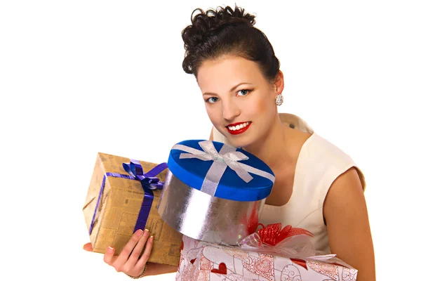 Young happy woman with a gift — Stock Photo, Image